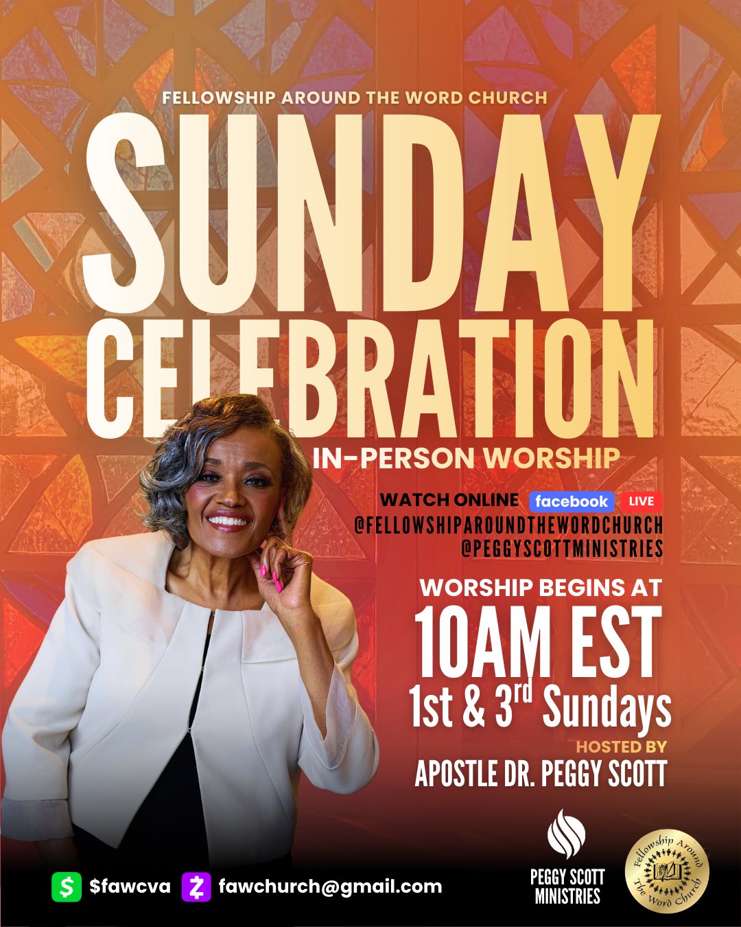 Sunday Celebration graphic hosted by Dr. Peggy Scott