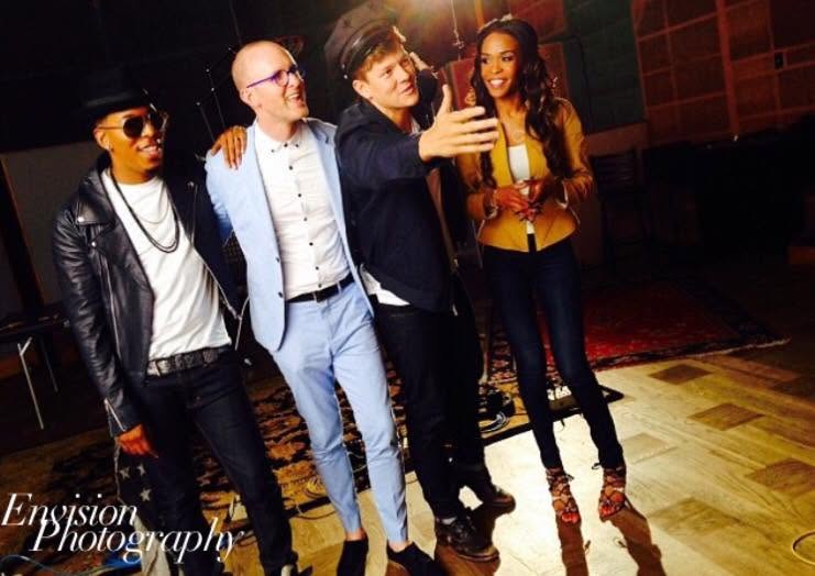Artists and producers photographed on a recording studio shoot
