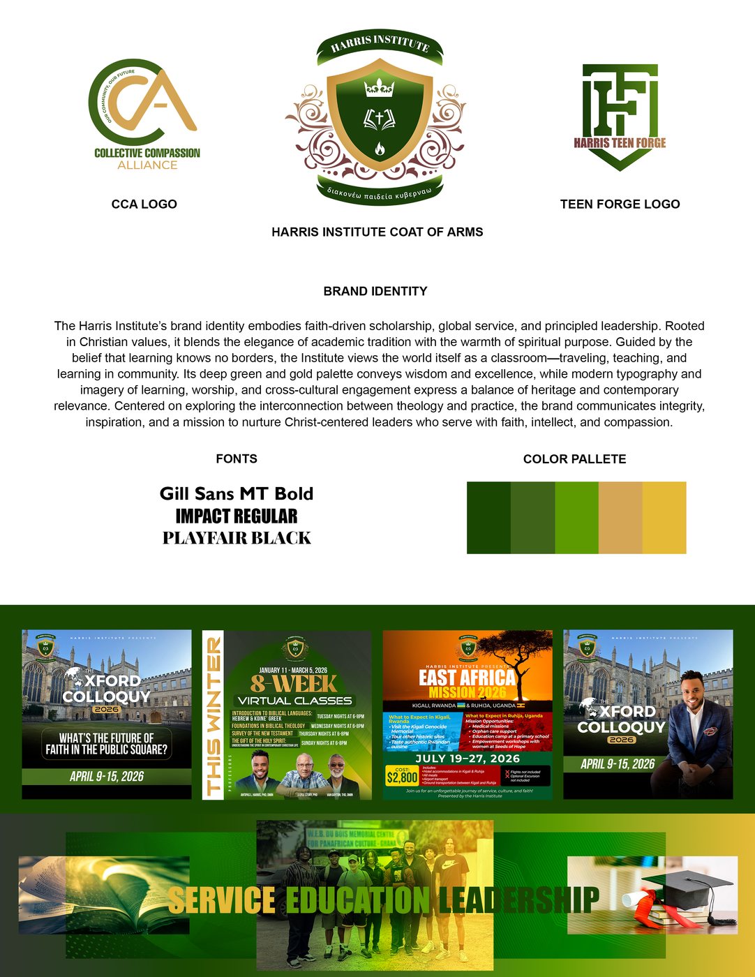 Brand guide layout for the Harris Institute
