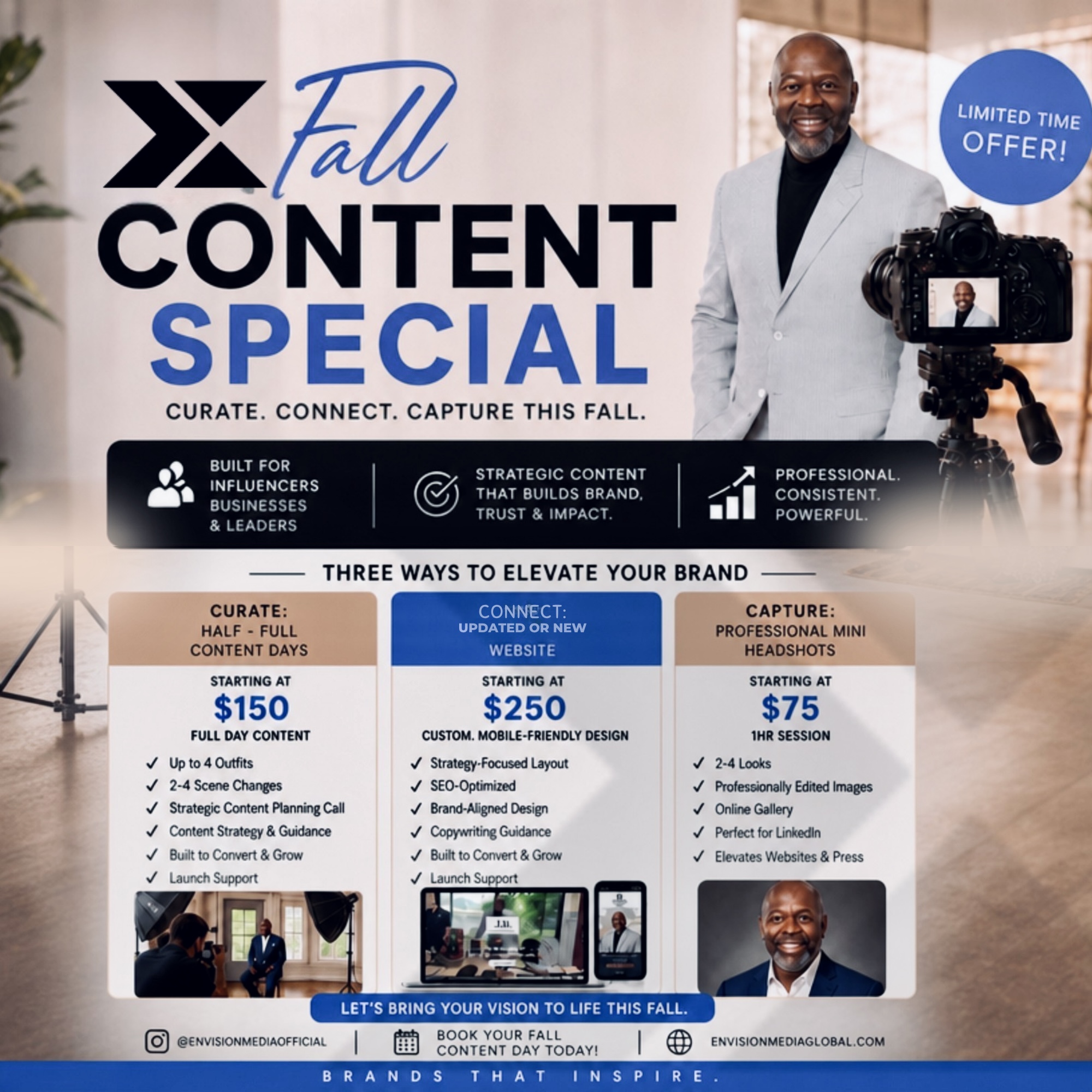 Envision Media Fall Content Special flyer with Curate, Connect, and Capture packages
